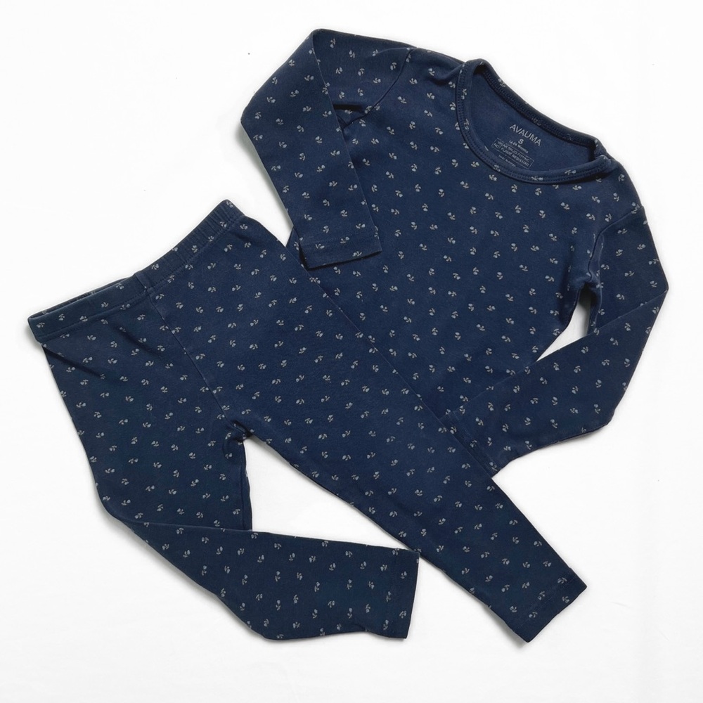 Avauma | Pajama Set | Size S (12=24M) | Dark Blue Soft with Cute Flower Pattern